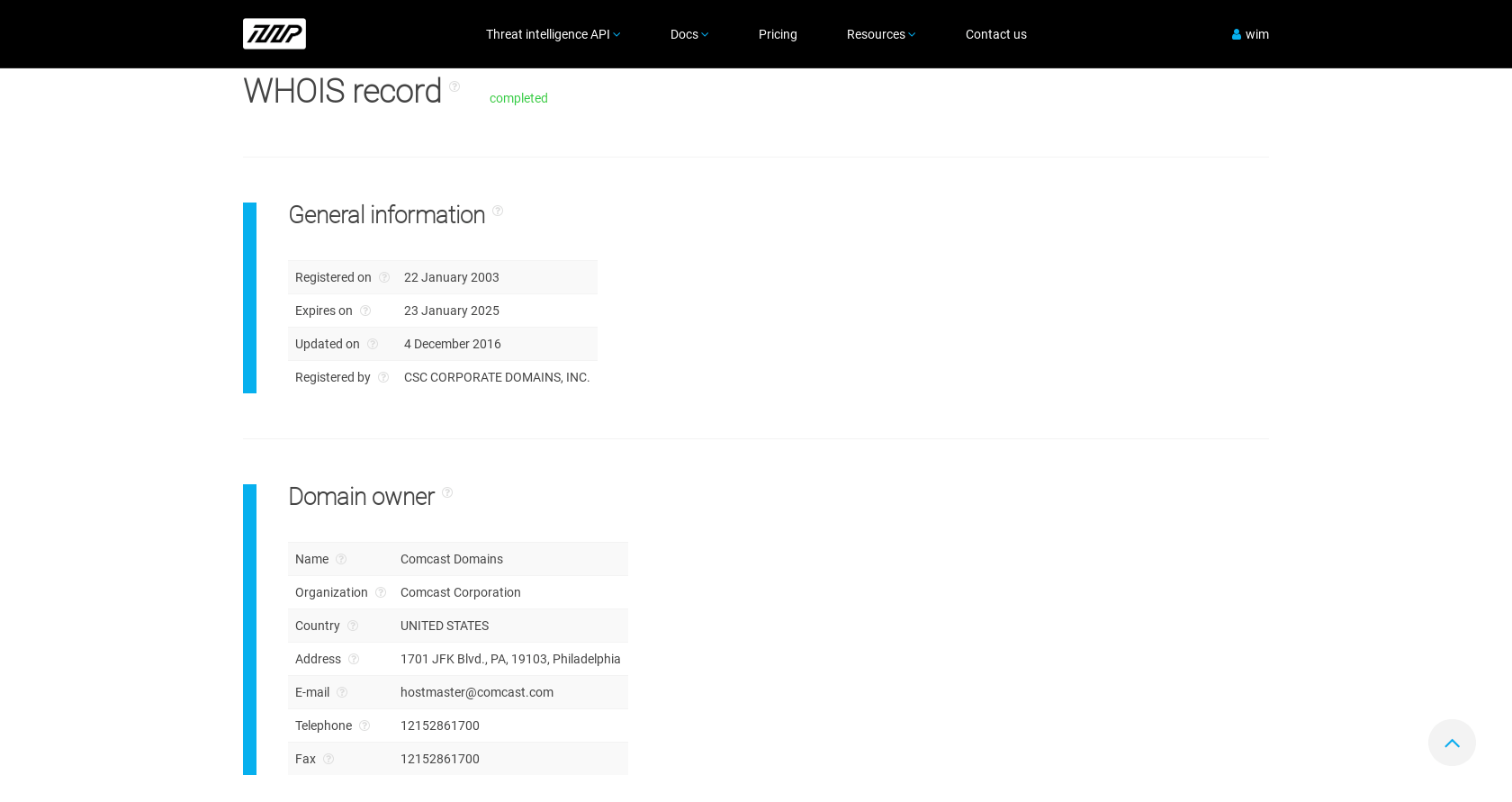 The WHOIS record for idm.xfinity.com