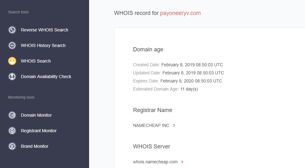 Running Payoneeryv.com through WHOIS search and WHOIS history search